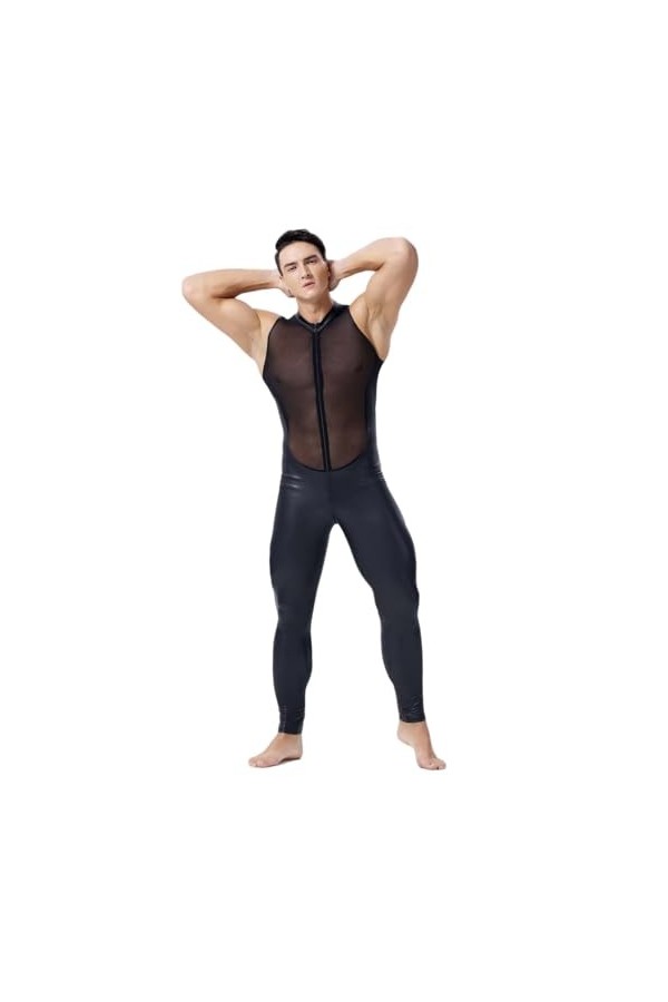 WRAZA Combinaison Catsuit en Latex pour Hommes Couture en Filet Combinaison en Cuir Verni Body Transparent Vêtements Masculin