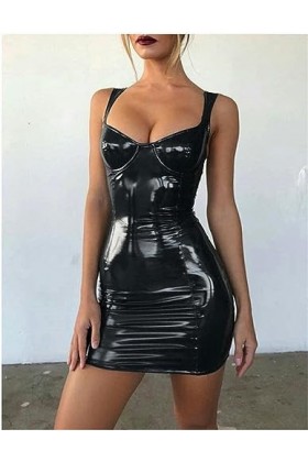Sexy PU Dos Nu Club Robe Courte Solide Noir Wet Look Latex Moulante Faux Cuir Push Up Gothique Mini Micro Robe Justaucorps-No