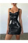 Sexy PU Dos Nu Club Robe Courte Solide Noir Wet Look Latex Moulante Faux Cuir Push Up Gothique Mini Micro Robe Justaucorps-No