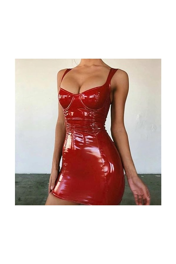 Sexy PU Dos Nu Club Robe Courte Solide Noir Wet Look Latex Moulante Faux Cuir Push Up Gothique Mini Micro Robe Justaucorps-No