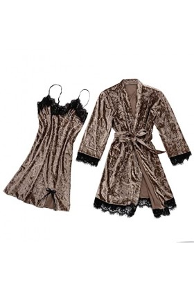Jiabing Pyjama Sexy pour Femmes Dentelle Velours Dentelle de Couleur Solide Pyjama Deux pièces Nuit de Nuit sous-vêtements de