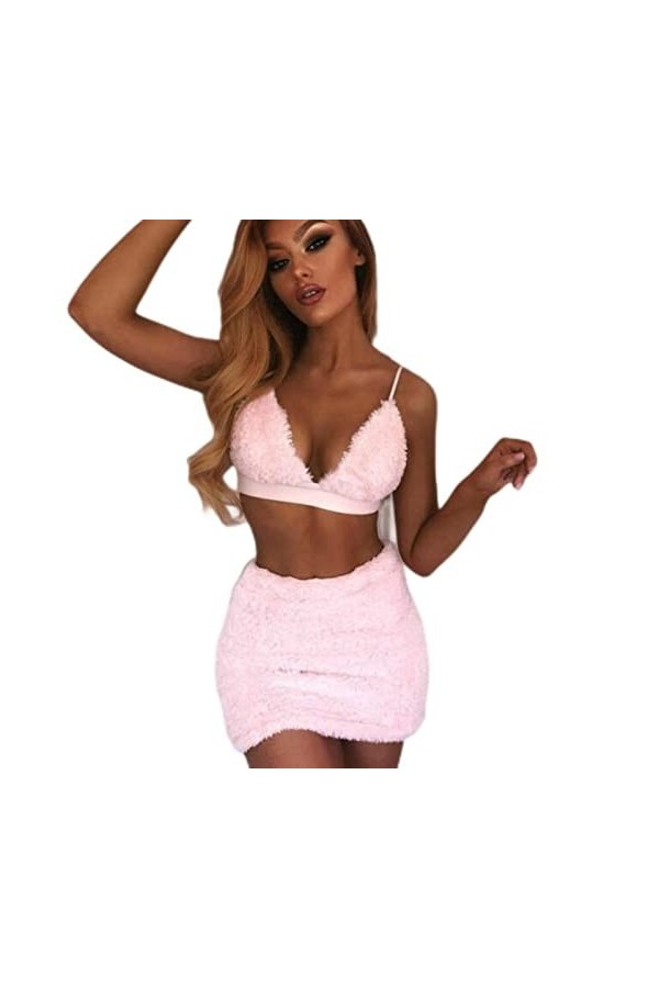 Womens Sexy Deep V Neck Vest Top + Doux Belle Jupe Costume Club Party Soirée Courte Mini Robe-Rose,S