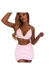 Womens Sexy Deep V Neck Vest Top + Doux Belle Jupe Costume Club Party Soirée Courte Mini Robe-Rose,S