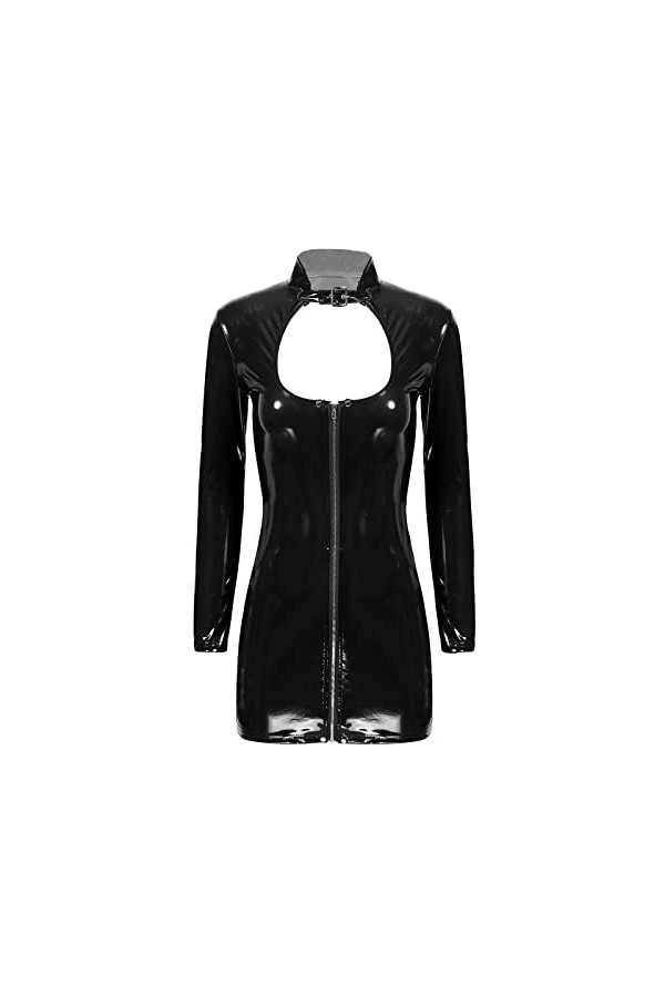 SHANHE Sexy Femmes en Cuir Verni Moulante Latex Robes À Manches Longues Avant Fermeture Éclair Entrejambe Wet Look Rave Party