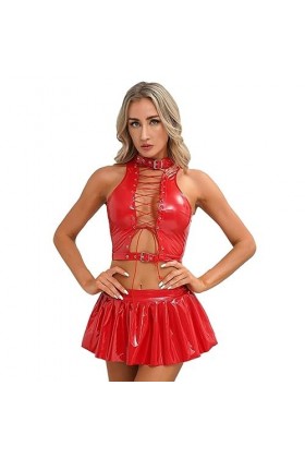 SHANHE Womens Pole Dance Rave Outfit sans Manches Sexy Crop Top avec Fermeture Éclair A-Line Mini Jupe évasée Wet Look Cuir V