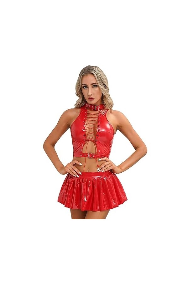 SHANHE Womens Pole Dance Rave Outfit sans Manches Sexy Crop Top avec Fermeture Éclair A-Line Mini Jupe évasée Wet Look Cuir V