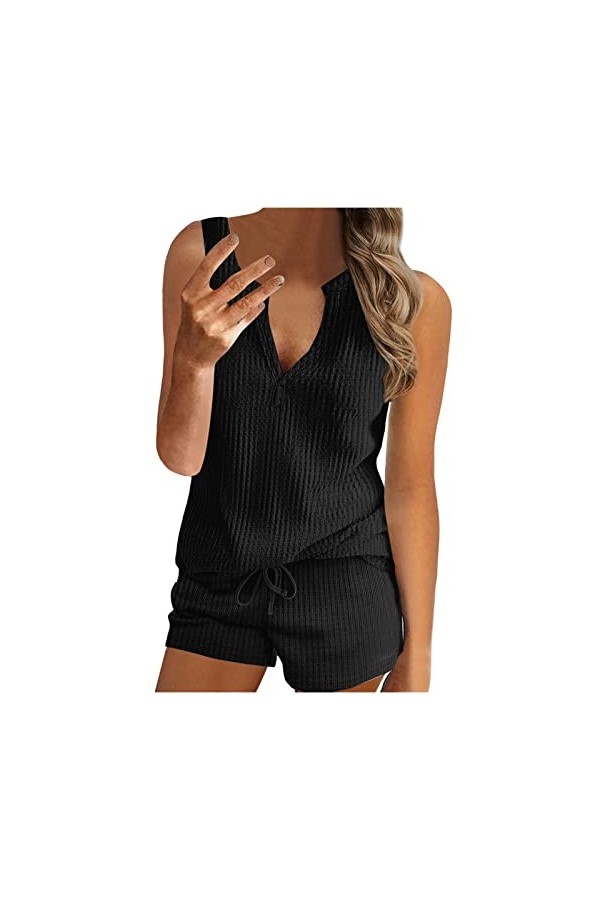 TWIOIOVE Pyjama Femme Noël Soie Comme Pyjamas Femmes Été Multicolore Combinaison Sexy Vêtements de Nuit Ensemble Femmes, Noir