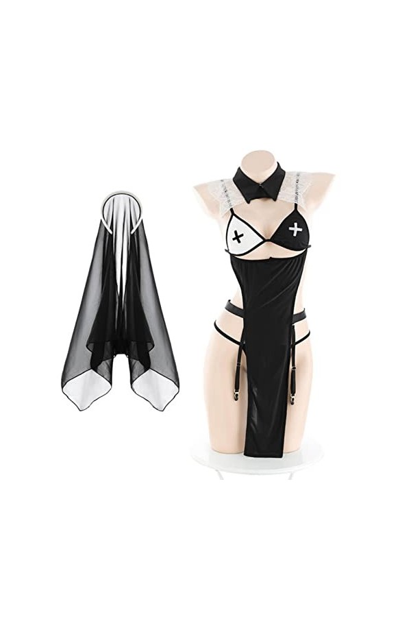 Juig Sexy Lingerie Nonne Uniforme Passion Sorcière Costumes Femmes Adultes Cosplay Robe avec Voile Noir Anime Halloween Party