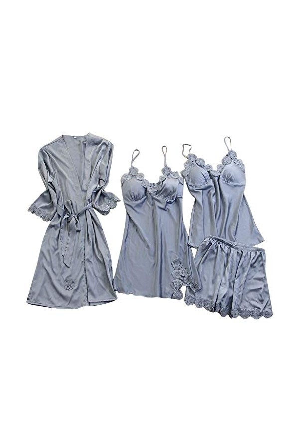 Pyjama en satin 4 pièces pour femme - Nuisette - Col en V - Slip intégral - Robe de nuit transparente - Chemise de nuit, Rose