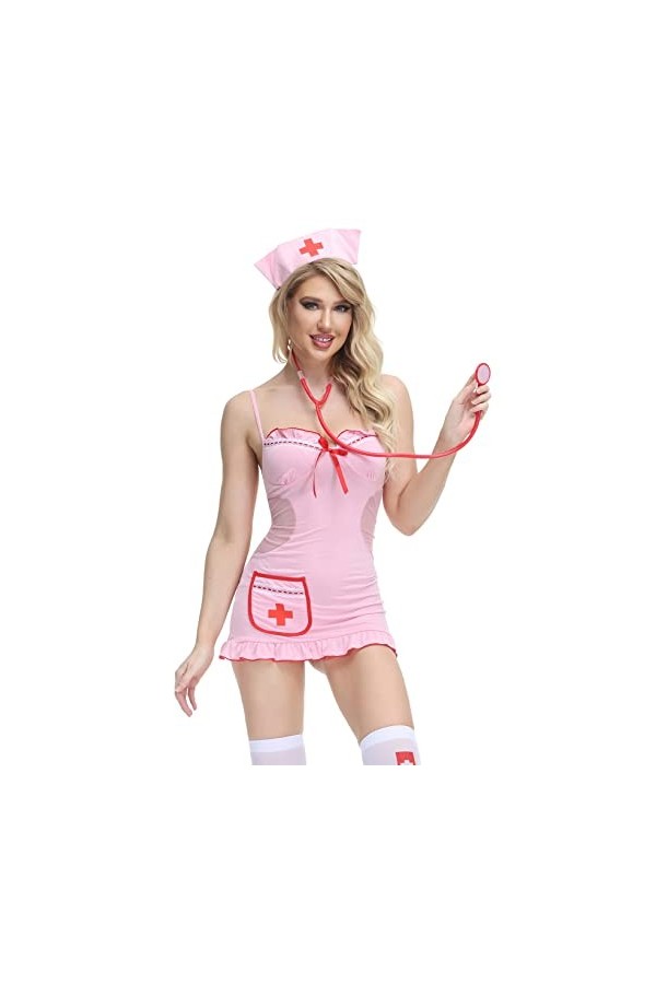 FEOYA Costume Infirmière Sexy Femme Cosplay Uniforme Nurse Érotique Mini Robe de Jeux de Rôle Noir D Taille L