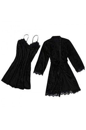 Jiabing Pyjama Sexy pour Femmes Dentelle Velours Dentelle de Couleur Solide Pyjama Deux pièces Nuit de Nuit sous-vêtements de