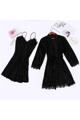 Jiabing Pyjama Sexy pour Femmes Dentelle Velours Dentelle de Couleur Solide Pyjama Deux pièces Nuit de Nuit sous-vêtements de