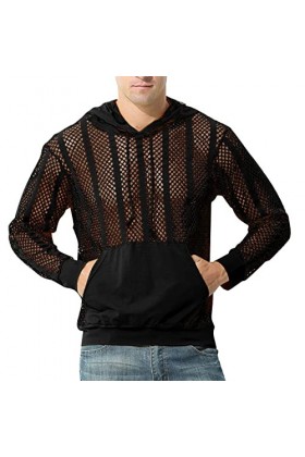 Male Sexy Party Hollow Mesh Hoodies Solide Manches Longues Poche À Capuche Blouse Sweats Capuche avec Fermeture Éclair Yello