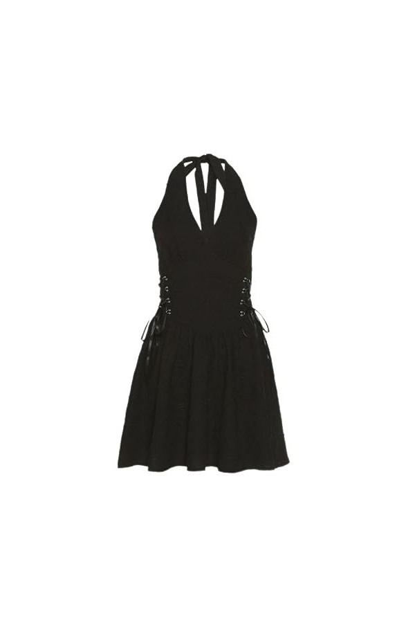 Goth Noir Halter Une Ligne Robe Femmes Sexy Dos Nu Été Bandage Moulante Harajuku Esthétique Élégante Robe De Soirée Corset-No