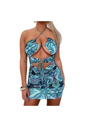 CHOUBAGUAI Femmes Robe Dété Sexy Maigre sans Manches Dos Nu Cou Suspendu Motif Imprimer Évider Robe Moulante Party Clubwear-