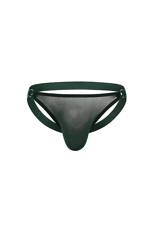 MENGQING String sexy en maille surélevée pour homme - Dos nu - Anneau en métal - Taille basse - String pour homme creux - Rou