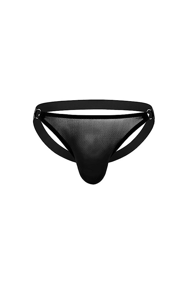 MENGQING String sexy en maille surélevée pour homme - Dos nu - Anneau en métal - Taille basse - String pour homme creux - Rou