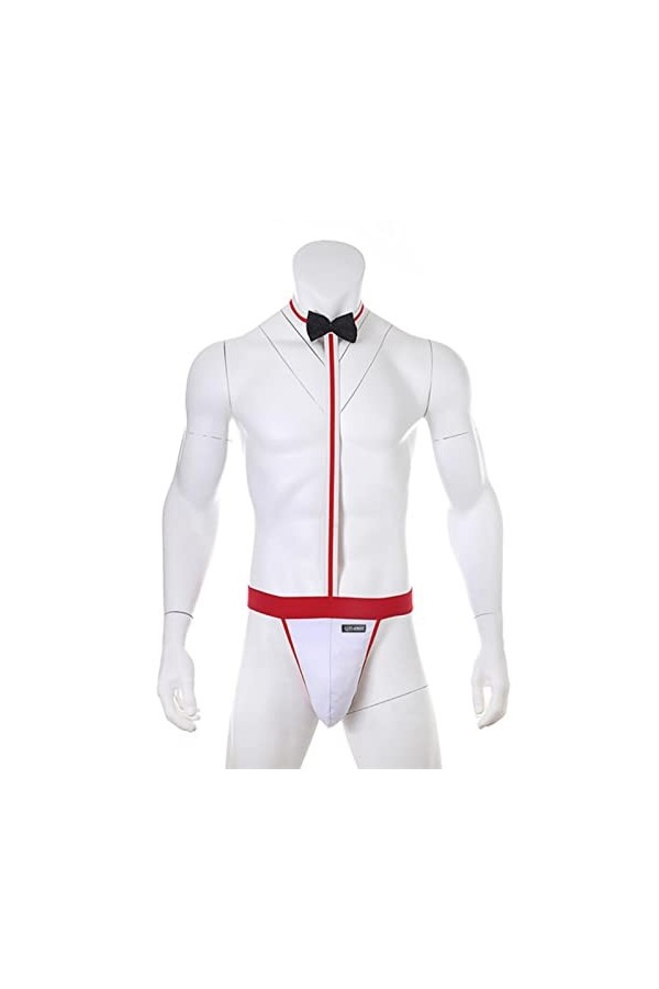 MENGQING Sous-vêtements Mankini sexy pour homme Nœud papillon Costume de serveur Body une pièce Lingerie érotique String G St