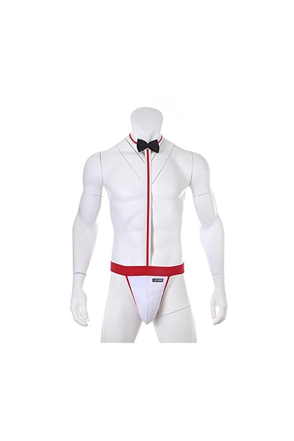 MENGQING Sous-vêtements Mankini sexy pour homme Nœud papillon Costume de serveur Body une pièce Lingerie érotique String G St