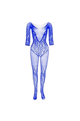CHOUBAGUAI Body sexy à manches longues en résille pour femme - Bleu - Taille unique