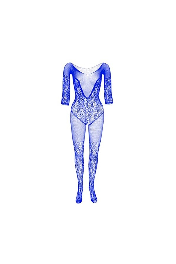 CHOUBAGUAI Body sexy à manches longues en résille pour femme - Bleu - Taille unique