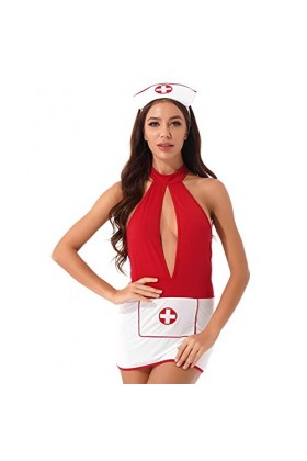 CHICTRY Femme Déguisement Infirmière Sexy Costume Infirmière Halloween Dos Nu Uniforme Cosplay Nurse Lingerie de Nuit Babydol