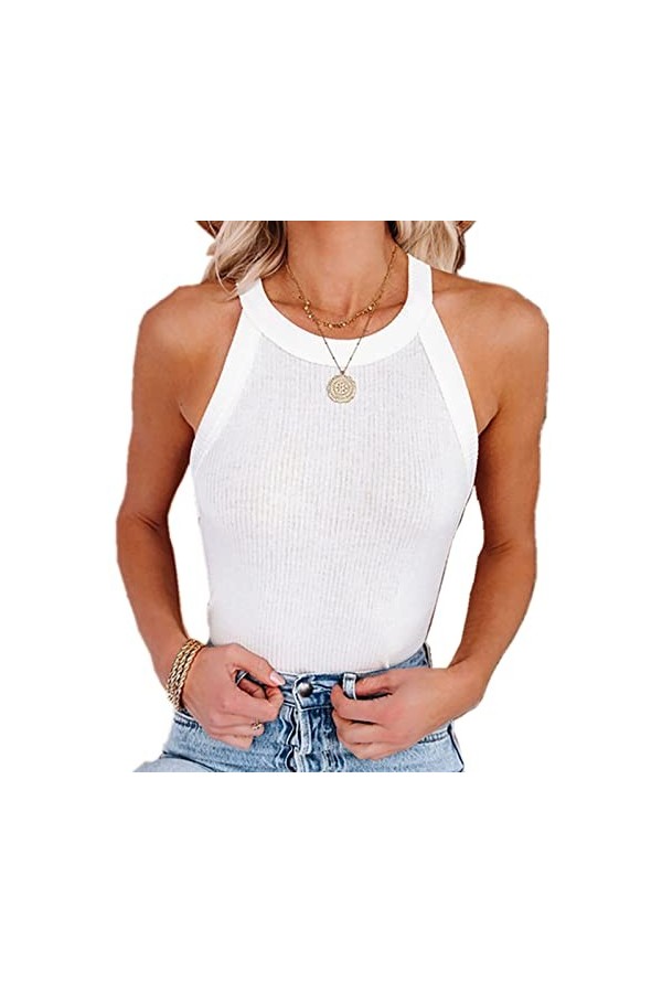 T-shirt côtelé Manches, Débardeur côtelé Coupe Slim pour Femmes dentraînement Pure Color Stretch 20 