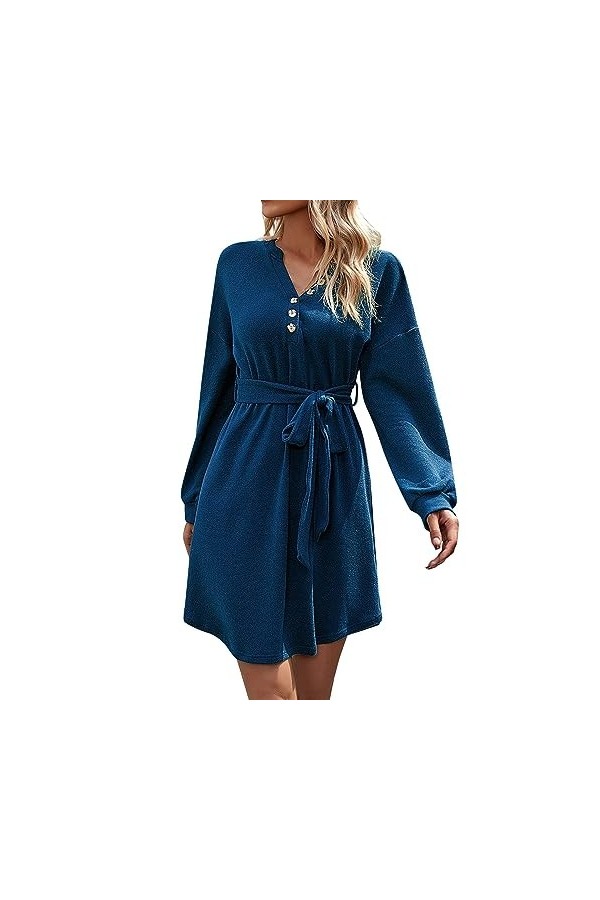 Générique Robe Courte en attachée à la Taille à Manches Longues de Couleur Unie adaptée à lautomne Robe Transparent Sexy Re