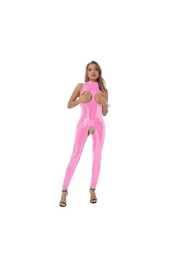 LiiYii Femmes Latex Combinaison Body Catsuit Faux Cuir Ouvert Entrejambe Salopettes Romper Jumpsuit Halloween Bal Leotard Cos