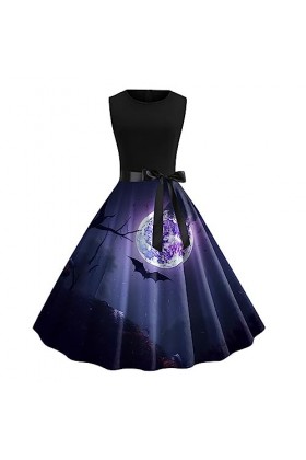 ADMAY Costume dHalloween pour femme - Costume de sorcière pirate diable - Col rond - Sans manches - Imprimé - Robe swing vin