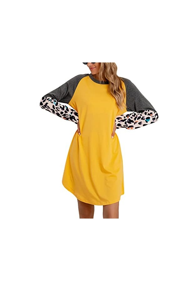 DAUZ Robe Courte, Encolure Dégagée, Robe Ample élégante, imprimé Léopard, Coutures, Bloc de Couleur pour Faire du Shopping L