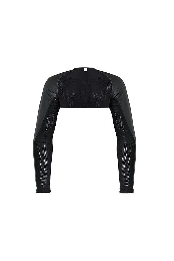 Sexy Hommes Corps Poitrine Harnais Maille PU Cuir Bras Manches Haussement dépaules à Manches Longues Hauts Courts scène Manc