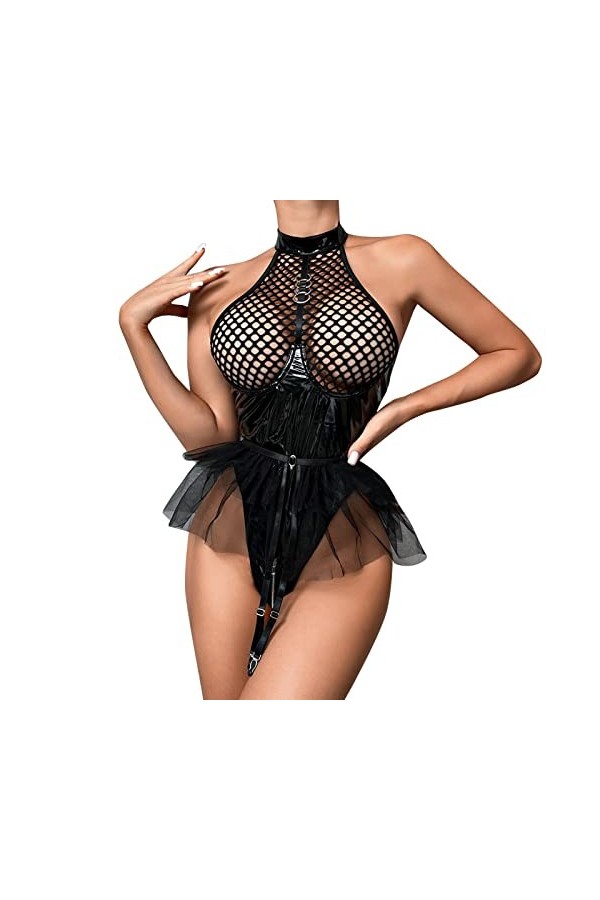 Anus Femmes Sexy en cuir PU maille épissage cou sous-vêtements maille Poncho jupe jarretière costume Sexy Lingerie Set