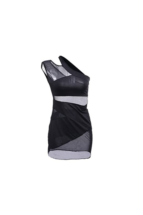 Summer Sexy Dress Women Party Fits Fashion Lace Dress See Through One-Shoulder Mini Dresses + T-Back-Black,XXXL
