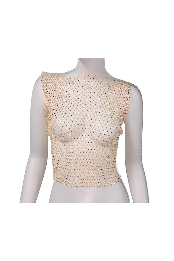 XUEMEIZI Haut Scintillant Voir à Travers Maille Transparente Haut Court t-Shirt Sexy évider Hauts Courts Clubwear Chemises de