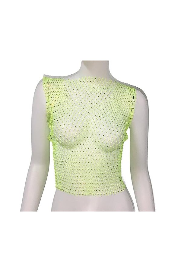 XUEMEIZI Haut Scintillant Voir à Travers Maille Transparente Haut Court t-Shirt Sexy évider Hauts Courts Clubwear Chemises de
