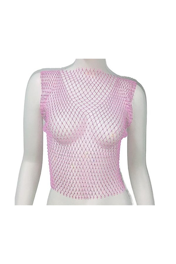 XUEMEIZI Haut Scintillant Voir à Travers Maille Transparente Haut Court t-Shirt Sexy évider Hauts Courts Clubwear Chemises de