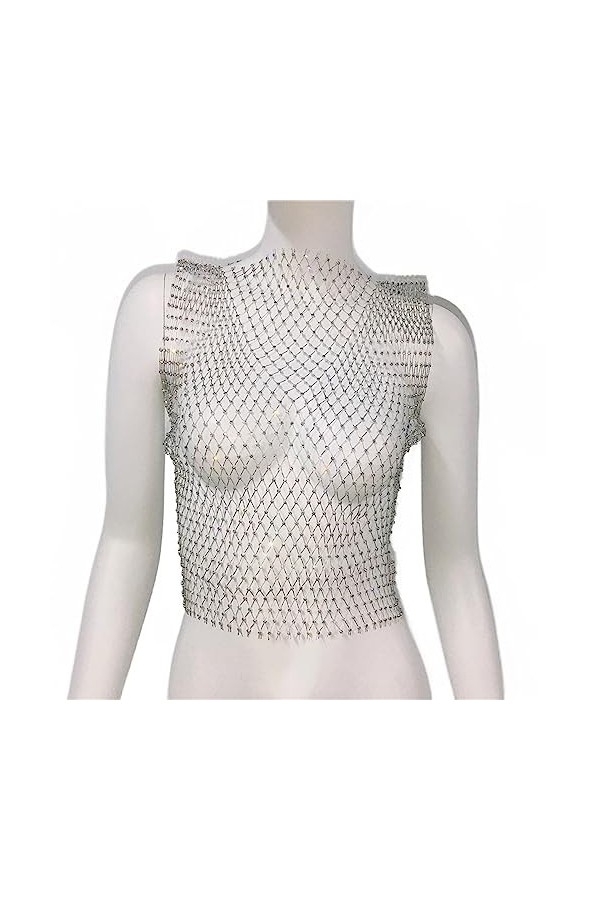 XUEMEIZI Haut Scintillant Voir à Travers Maille Transparente Haut Court t-Shirt Sexy évider Hauts Courts Clubwear Chemises de