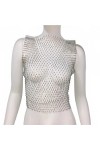 XUEMEIZI Haut Scintillant Voir à Travers Maille Transparente Haut Court t-Shirt Sexy évider Hauts Courts Clubwear Chemises de
