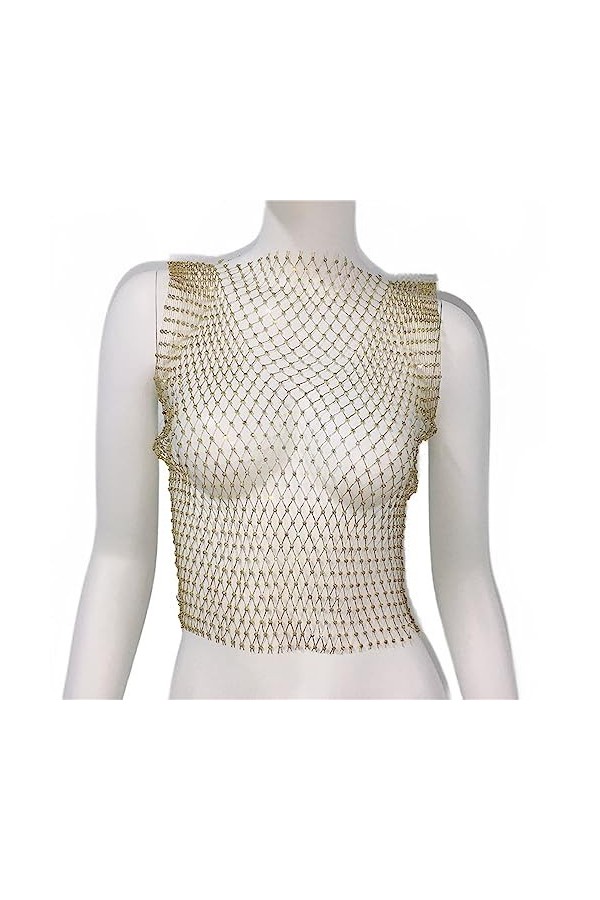 XUEMEIZI Haut Scintillant Voir à Travers Maille Transparente Haut Court t-Shirt Sexy évider Hauts Courts Clubwear Chemises de