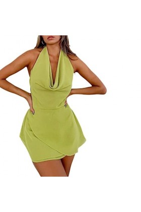OKGD Femmes Dété sans Manches Midi Robe Sexy Dos Nu Halter Neck Wrap Party Club Court Mini Robes Clubwear-Vert,M