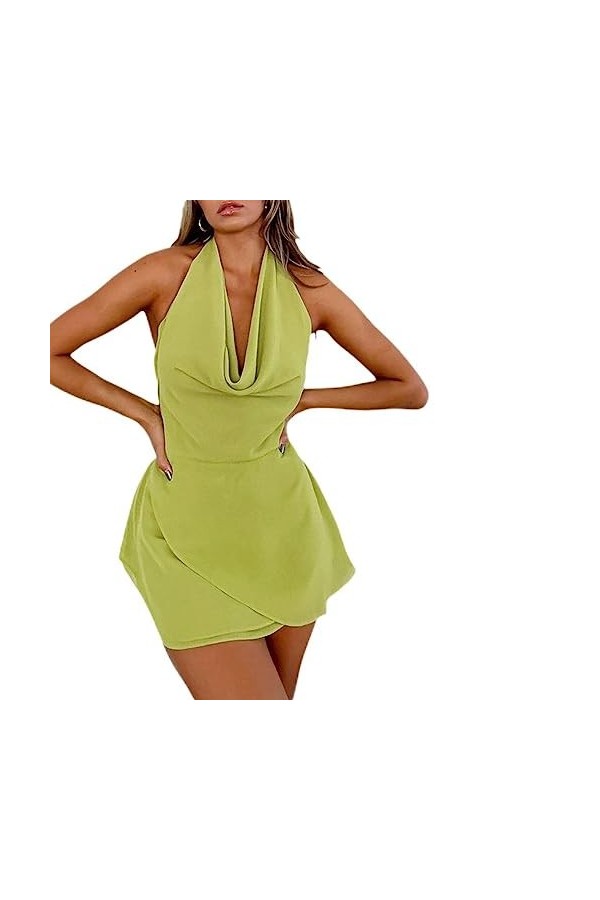 OKGD Femmes Dété sans Manches Midi Robe Sexy Dos Nu Halter Neck Wrap Party Club Court Mini Robes Clubwear-Vert,M