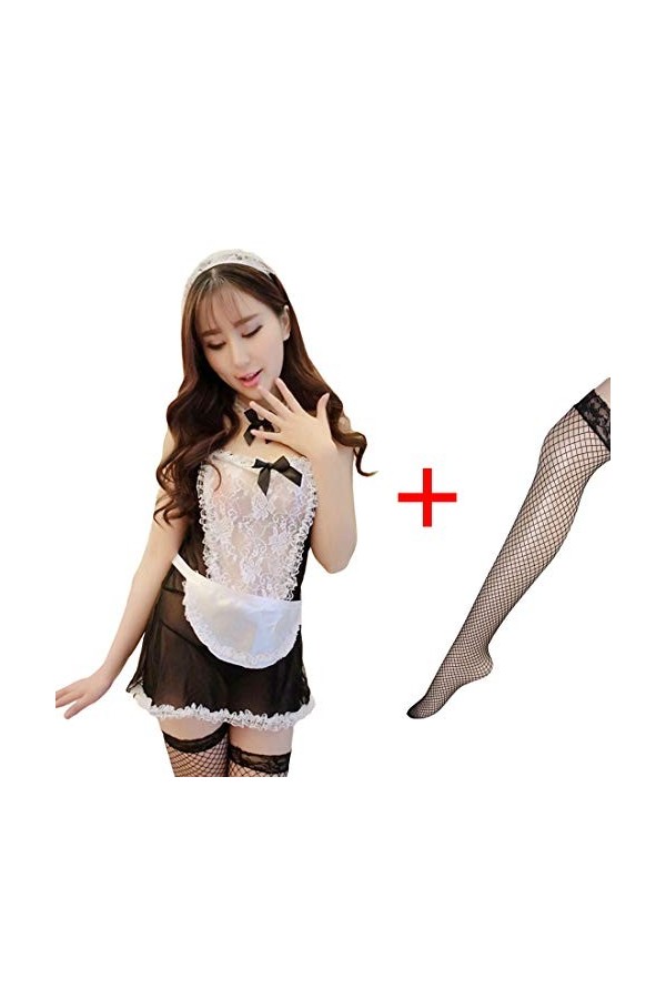 365-Shopping Costume de serveuse sexy avec bas en résille - Noir - Taille Unique