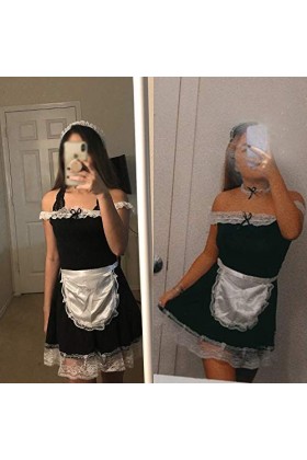 Costume de soubrette sexy pour femme 5 pièces épaules dénudées robe tablier cou tête pièce, Noir, taille unique