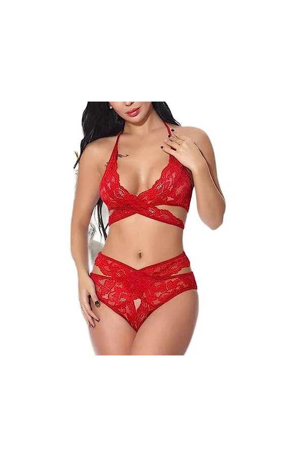 Grande Taille Femmes Lingerie Ensemble Sexy V-Neck Soutien-Gorge Évider String avec Jarretières Ensemble Dentelle sous-Vêteme
