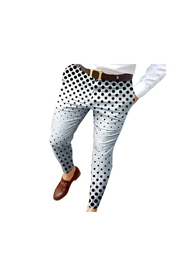 Pantalon de costume pour homme - Coupe ajustée - Blanc - Stretch - Polka Dot - Coupe ajustée - Imprimé - Fermeture éclair - P