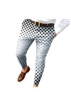 Pantalon de costume pour homme - Coupe ajustée - Blanc - Stretch - Polka Dot - Coupe ajustée - Imprimé - Fermeture éclair - P