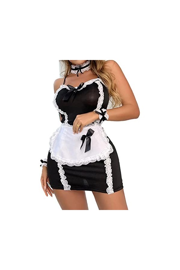 SHANHE Womens Lingerie Maid Cosplay Costume Sexy Role Play Outfit Garniture en Dentelle Bretelles Spaghetti Réglables Robe av