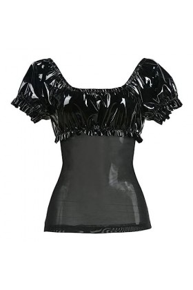 WSZJLN Punk gothique Latex Sexy ensemble Faux cuir gaze Patchwork maille T-Shirt haut avec Mini jupe à volants Club fête Cost