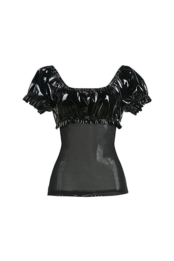 WSZJLN Punk gothique Latex Sexy ensemble Faux cuir gaze Patchwork maille T-Shirt haut avec Mini jupe à volants Club fête Cost